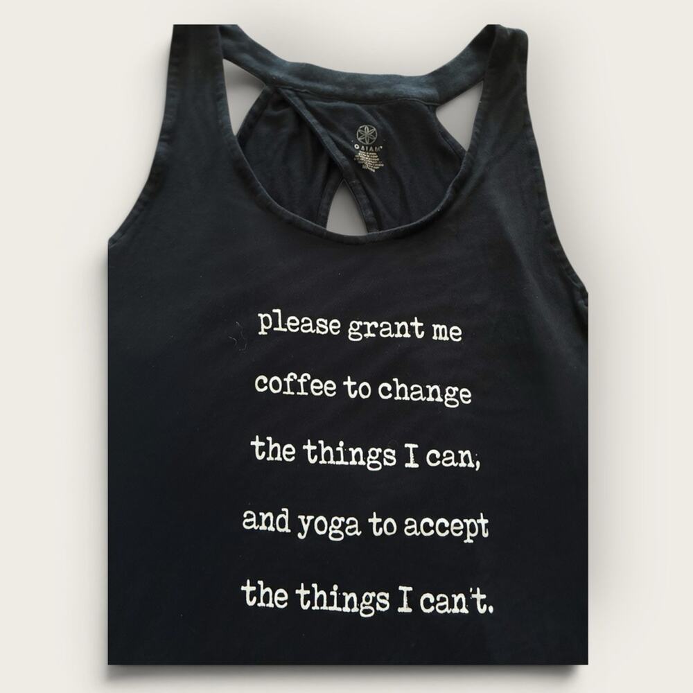 Gaiam Women’s Yoga Coffee Tank L — Black Racerback Graphic Workout Shirt